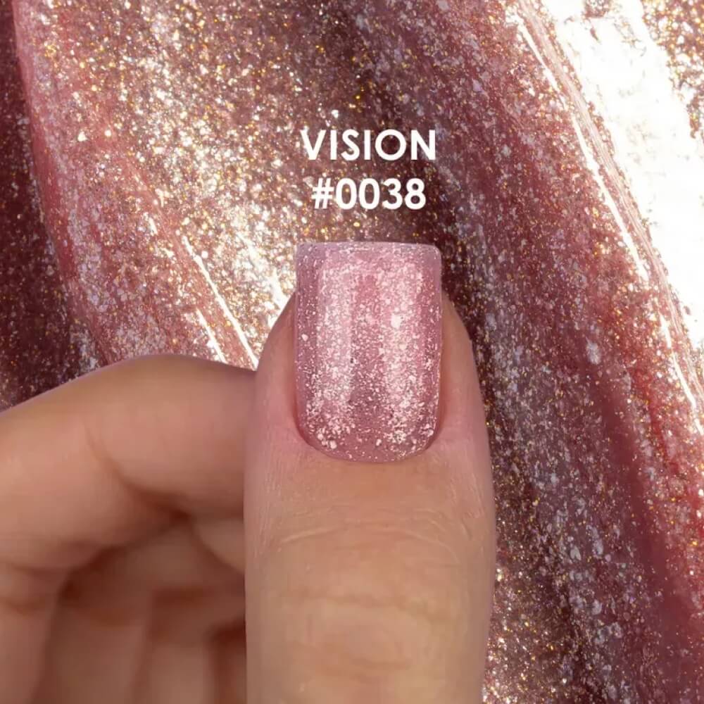 DNKa Builder Gel #0038 Vision — single nail close-up, shimmer detail