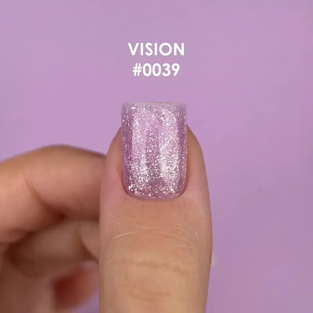 DNKa Builder Gel #0039 Vision — swatch on nail tip, lavender shimmer builder gel