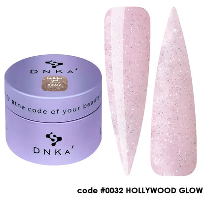 DNKa Builder Gel Hollywood Glow #0032 — swatch on nail tip, reflective light pink glitter