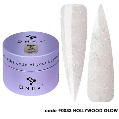 DNKa Builder Gel Hollywood Glow #0033 — swatch on nail tip, reflective gray-milk glitter