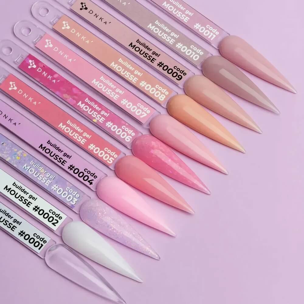 30ml — DNKa Builder Gel Mousse #0008 — single nail close-up, apex detail
