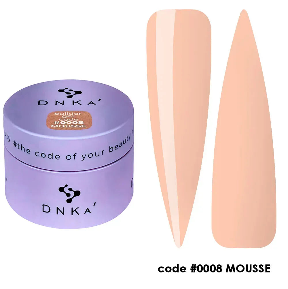 DNKa Builder Gel Mousse #0008 — swatch on nail tip, peach modeling gel