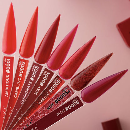 Swatch close-up showing the dark red finish of DNKa Cover Base #0004 Sexy