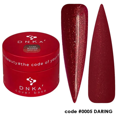 Finished glitter manicure using DNKa Cover Base #0005 Daring under a LED lamp