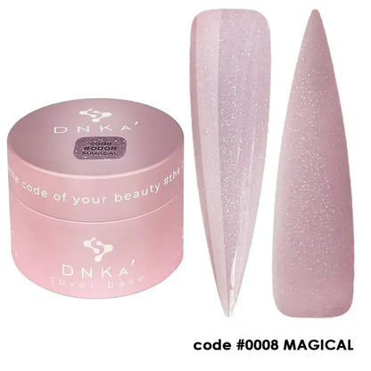 Finished manicure using DNKa Cover Base #0008 Magical under a LED lamp
