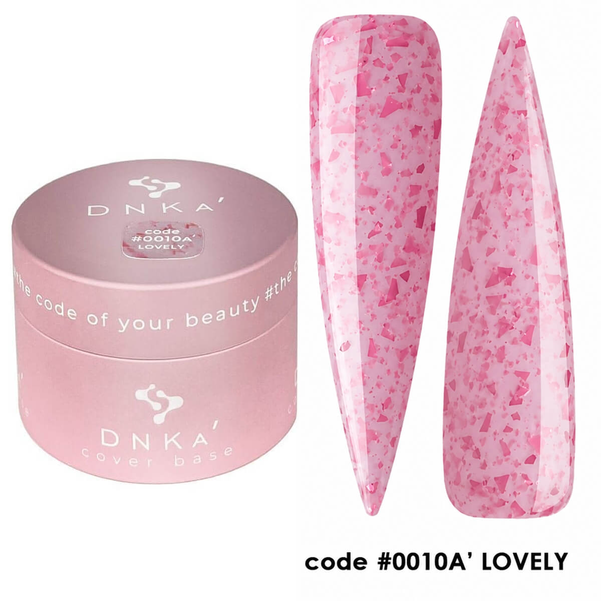 Finished manicure using DNKa Cover Base #0010A Lovely under a LED lamp