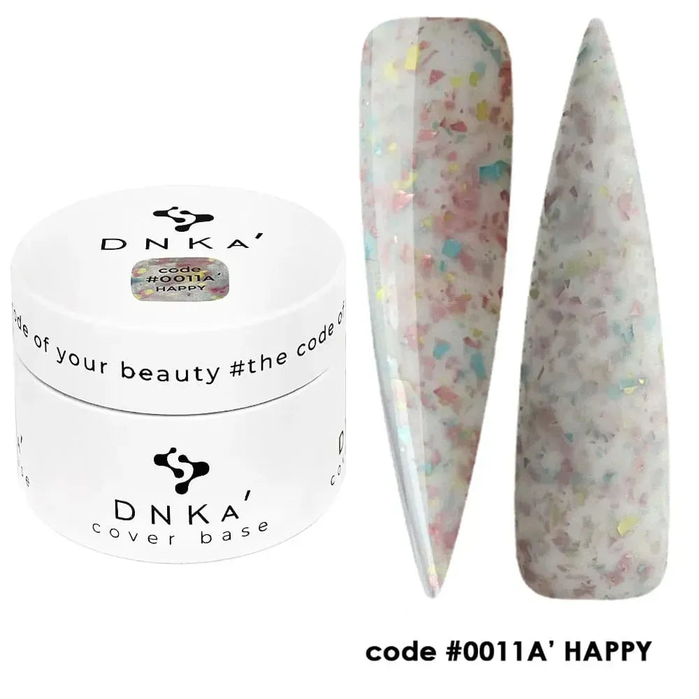 Finished festive manicure using DNKa Cover Base #0011A Happy under a LED lamp