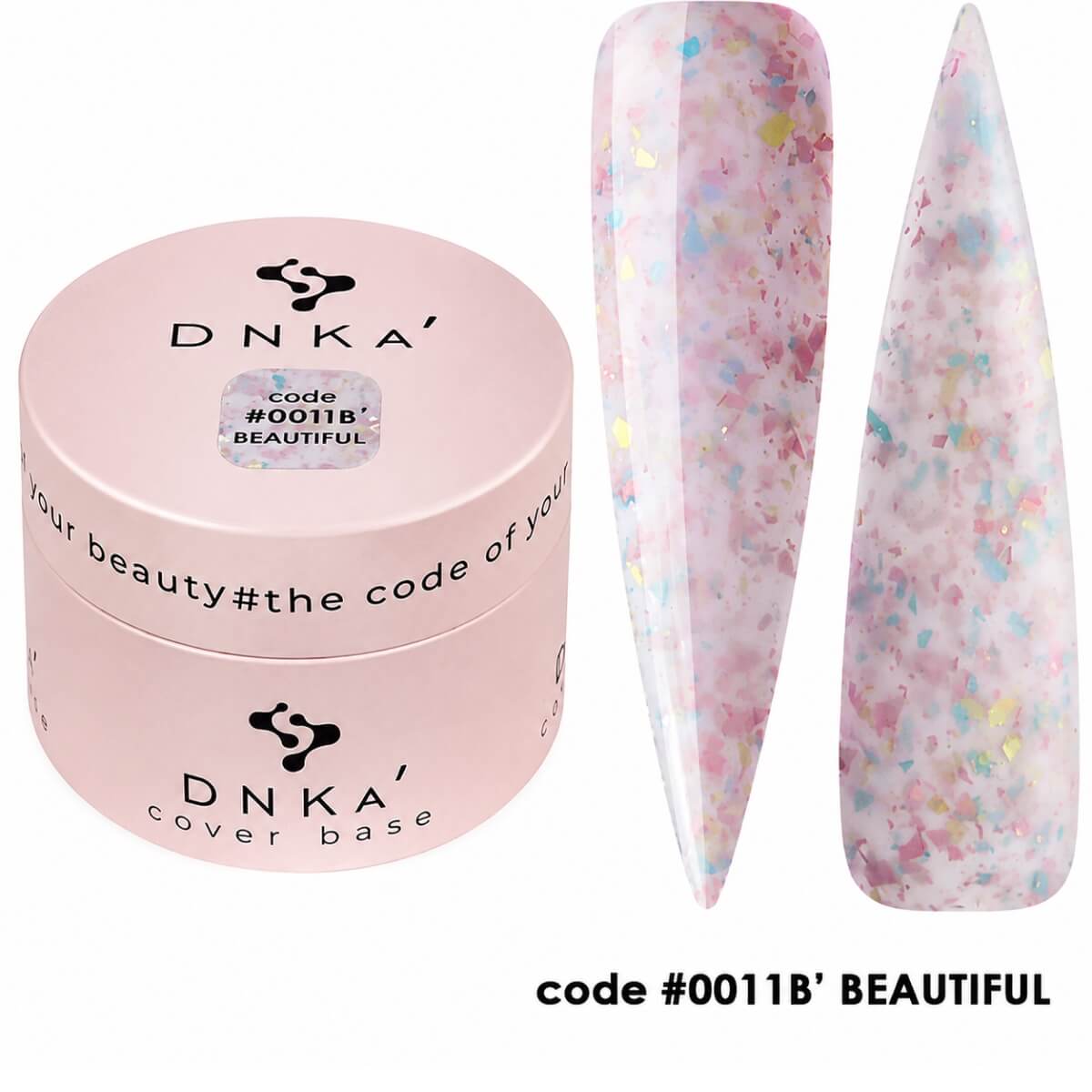 Finished manicure using DNKa Cover Base #0011B Beauttiful under a LED lamp