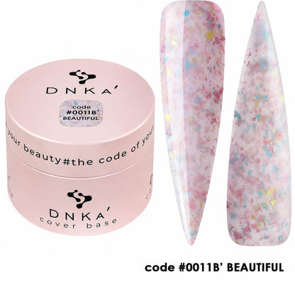 Finished manicure using DNKa Cover Base #0011B Beauttiful under a LED lamp
