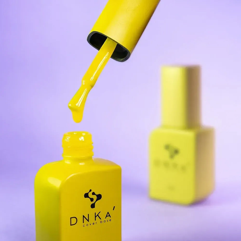 Close-up of the DNKa Cover Base #0021 Sunny Yellow label and cap