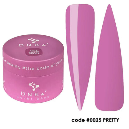 DNKa Cover Base #0025 Pretty Pink bottle held next to a manicured hand