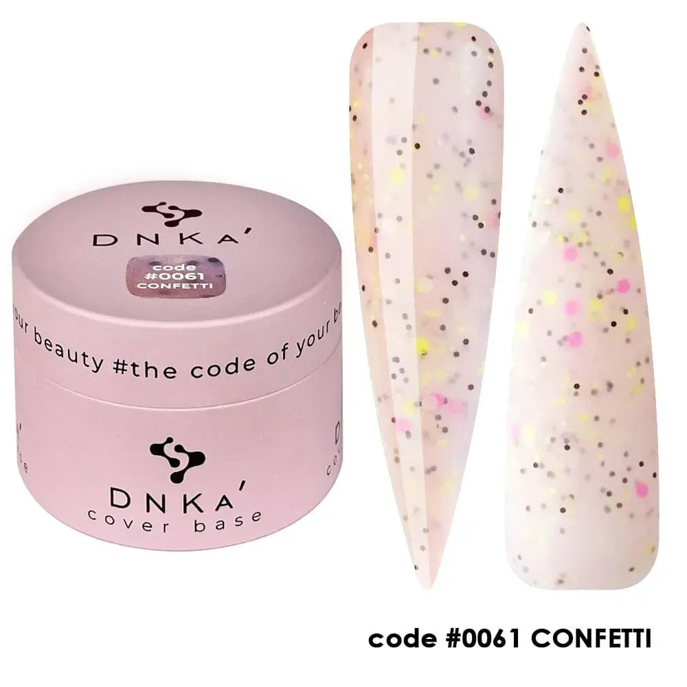 30ml Confetti bottle in pink with yellow and black flecks, paired with a DNKa top coat