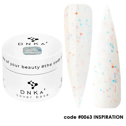 30ml Inspiration bottle in milky white with multicolor glitter, paired with a DNKa top coat