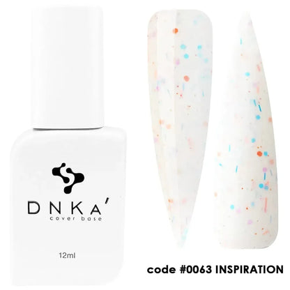 Closed 12ml bottle of DNKa Cover Base #0063 Inspiration in milky white with rainbow glitter