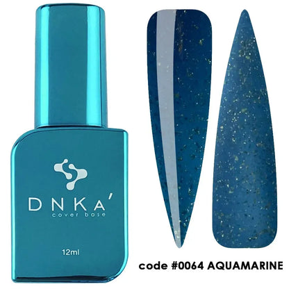 Closed 12ml bottle of DNKa Cover Base #0064 Aquamarine in blue-green with gold leaf