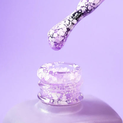 Freshly cured nails coated in 12ml Serenity, showing the lilac base and polygon shimmer
