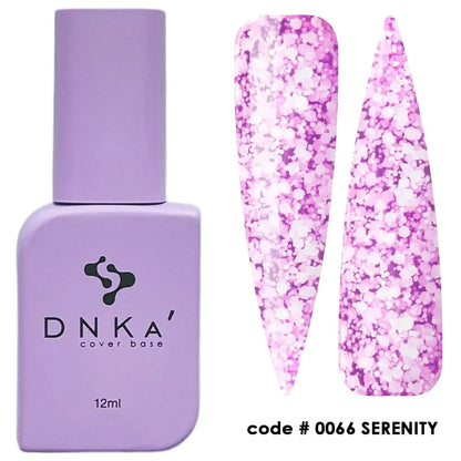 Closed 12ml bottle of DNKa Cover Base #0066 Serenity in bright lilac with polygon flecks