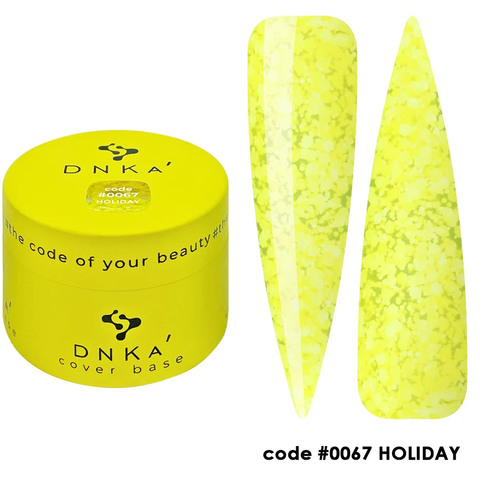 A full set of nails styled with 12ml Holiday in fluorescent yellow, hand resting on a neutral surface