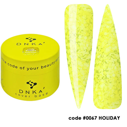 A full set of nails styled with 12ml Holiday in fluorescent yellow, hand resting on a neutral surface