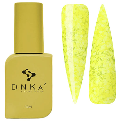 Closed 12ml bottle of DNKa Cover Base #0067 Holiday in sheer fluorescent yellow