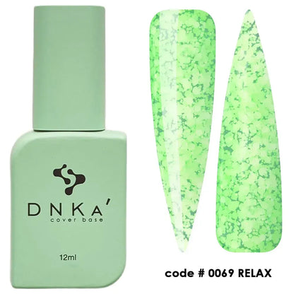 Closed 12ml bottle of DNKa Cover Base #0069 Relax in sheer fluorescent green