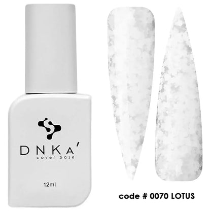 DNKa Cover Base #0070 Lotus, 12ml bottle standing closed, white base with colorful polygon flecks