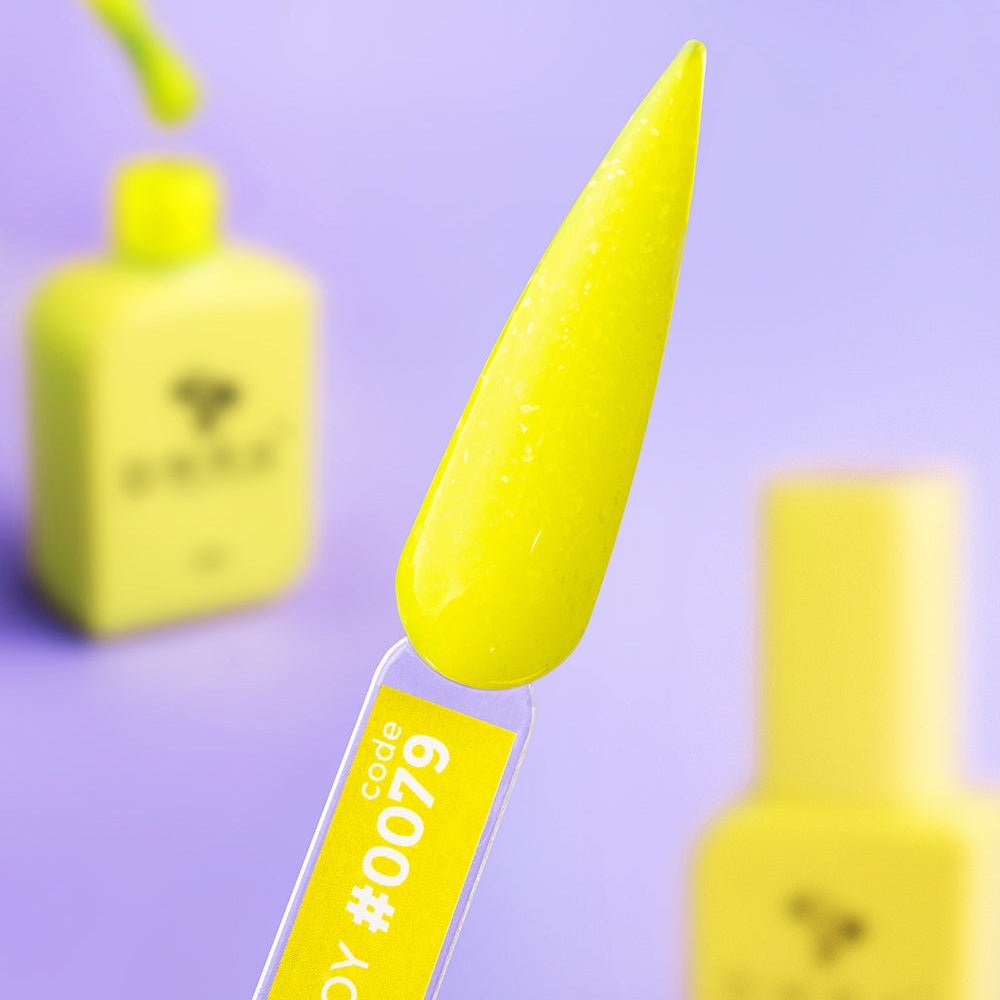 Nails freshly cured in 12ml Joy, shimmering yellow finish