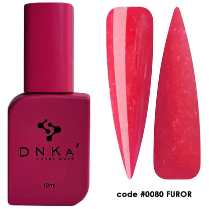 12ml DNKa Cover Base Furor bottle photographed upright, pink and gold tones visible through the glass