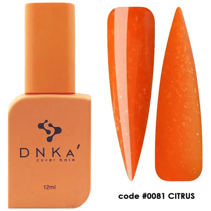12ml DNKa Cover Base Citrus bottle photographed upright, vivid orange with glitter visible through the glass