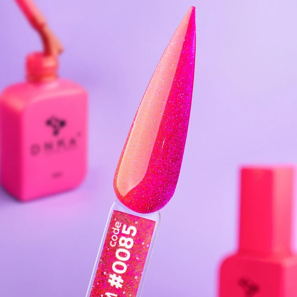 DNKa Cover Base #0085 Glam — open bottle with brush, pink shimmer gel