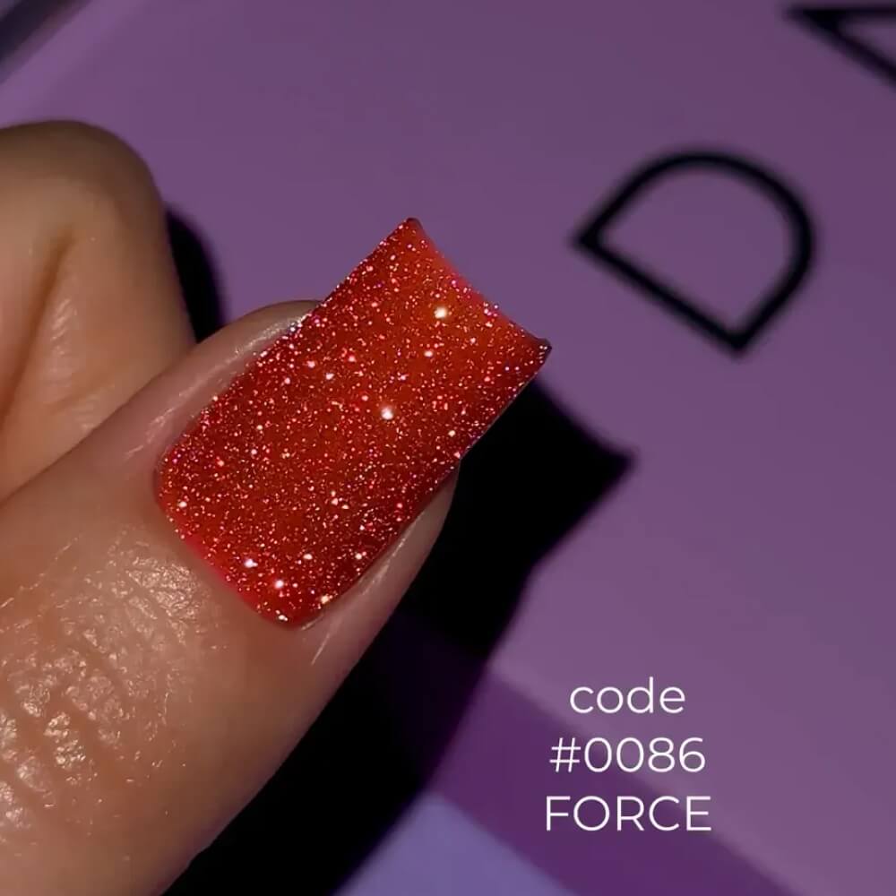 12ml — DNKa Cover Base #0086 Force — swatch on nail tip, reflective camouflage base