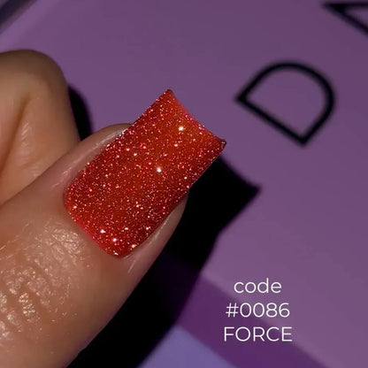 12ml — DNKa Cover Base #0086 Force — swatch on nail tip, reflective camouflage base