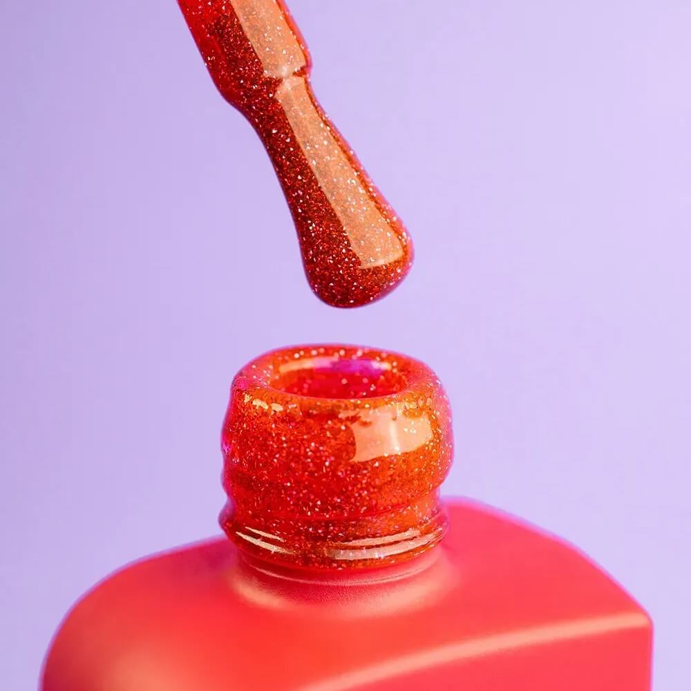 DNKa Cover Base #0086 Force — full manicure, reflective red-orange finish