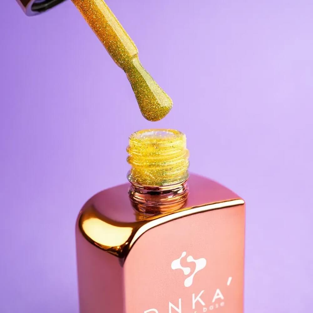 DNKa Cover Base #0087 Proud — open bottle with brush, gold-yellow gel