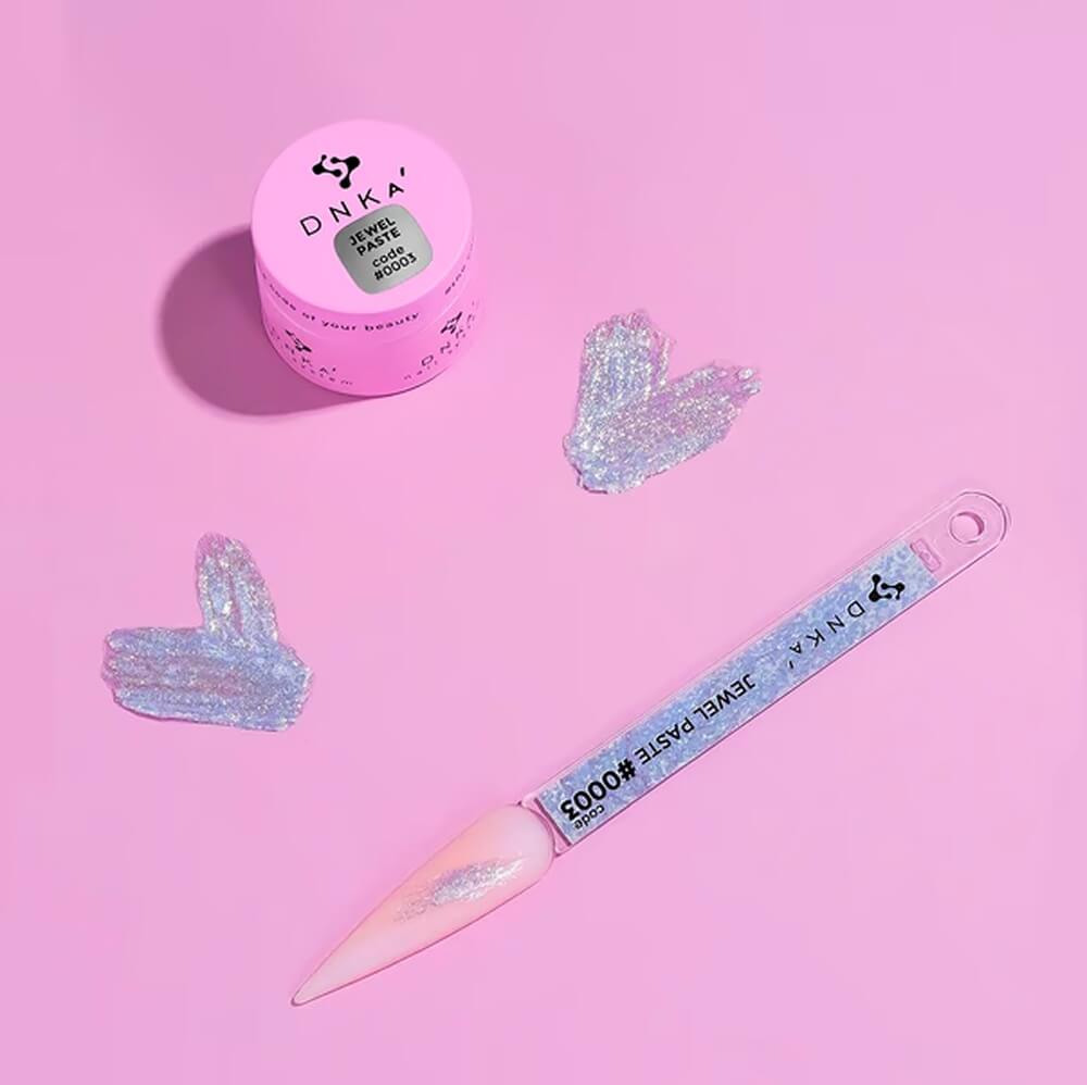 DNKa Gel Paste #0003 — open jar with brush, thick pearlescent paste texture
