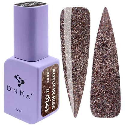 12ml — DNKa Gel Polish Color #0141 Autumn Kiss — swatch on nail tip, translucent brown shimmer
