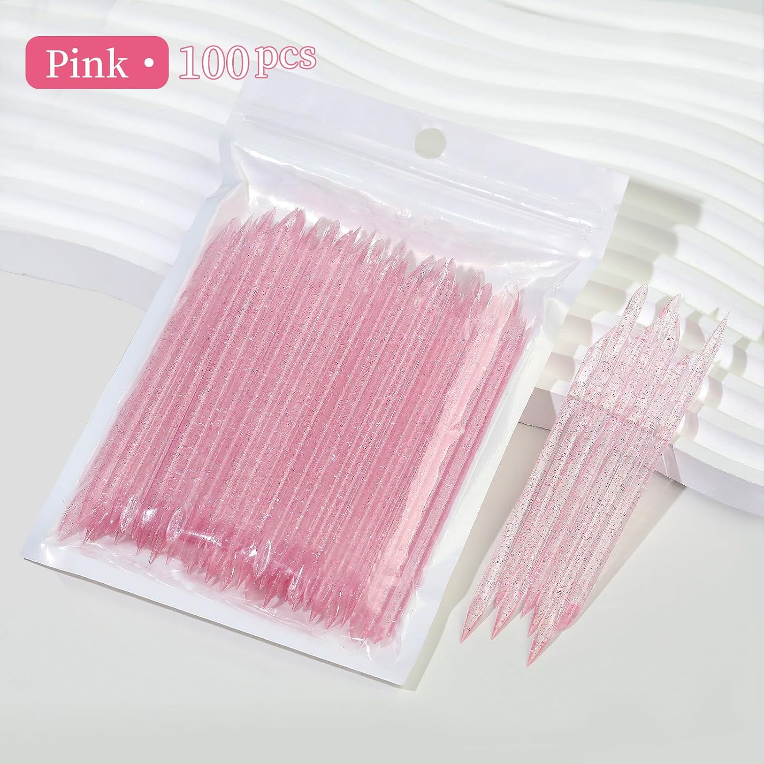 Dual-Ended Cuticle Pusher Sticks, 100pcs, colorful crystal handles displayed