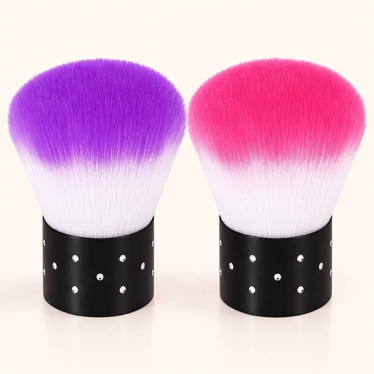 Pink and white nail dust remover brush with a black rhinestone handle