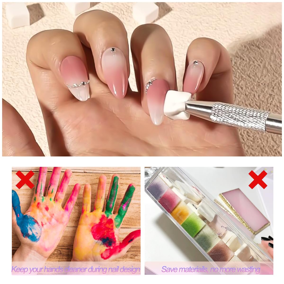 100 Pcs Soft Nail Sponges with Grabbing Pen, Nail Art Sponge for Ombre, Gradient Effect Painting Gel Halo Dyeing Tool Brush