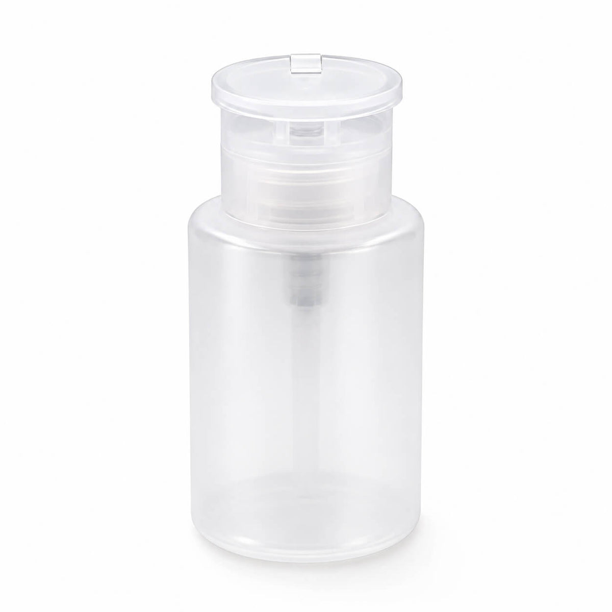 Push-down disc pump bottle with a black collar and flip top cap
