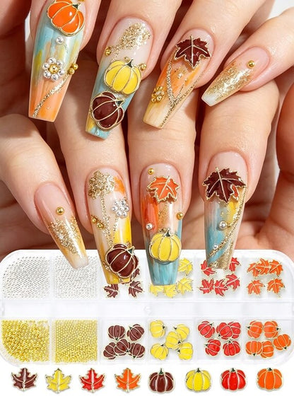 Pumpkin and leaf nail charms with gold and silver caviar beads