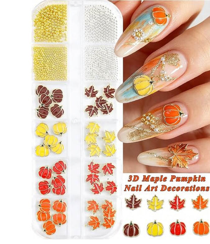 Autumn nail art decorations in red orange yellow and burgundy