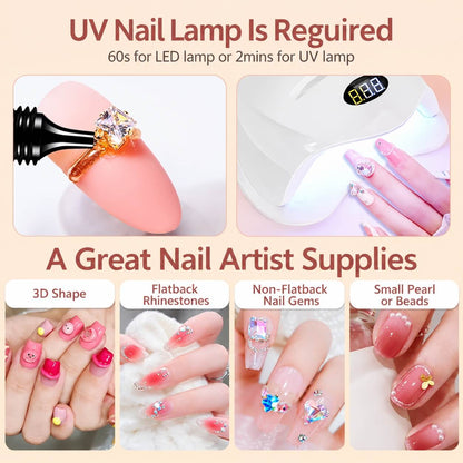 GLOZ clear rhinestone adhesive gel with narrow applicator nozzle for detailed nail designs