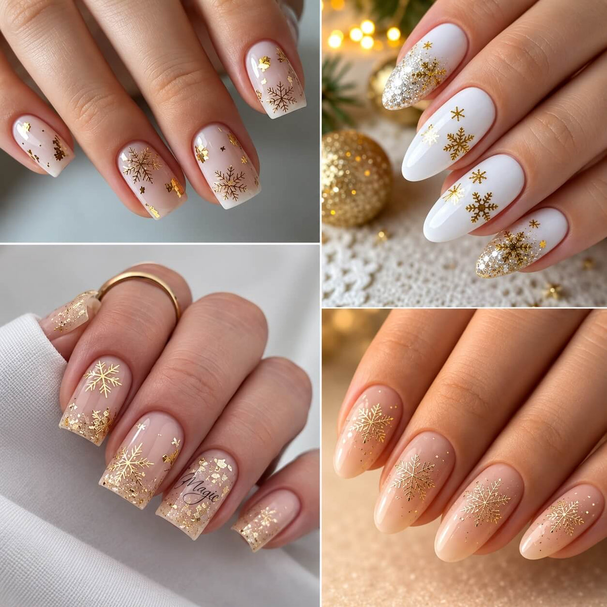 Shiny golden snowflake nail embellishments in a small container for holiday nail art