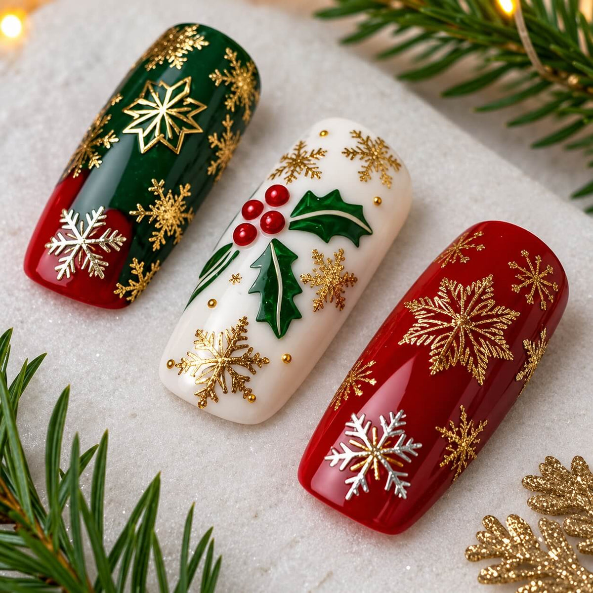 Delicate laser-cut gold snowflake nail sequins for winter manicure designs