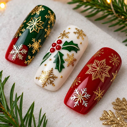 Delicate laser-cut gold snowflake nail sequins for winter manicure designs
