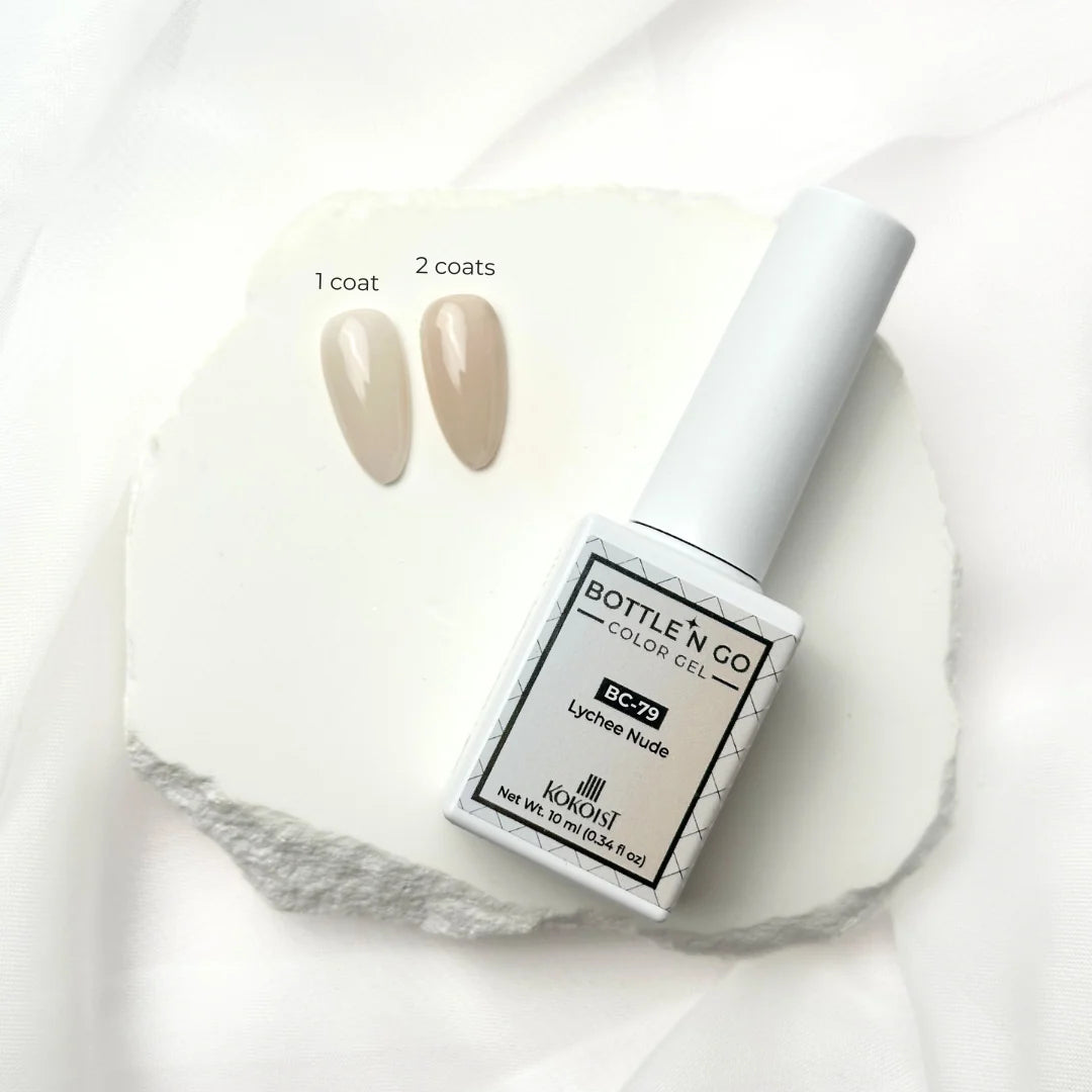 Kokoist Bottle 'N Go BC-79 Lychee Nude — single nail close-up, translucent texture