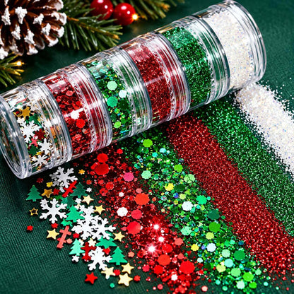 Six-piece Christmas nail glitter collection with sparkling sequins and holiday shapes