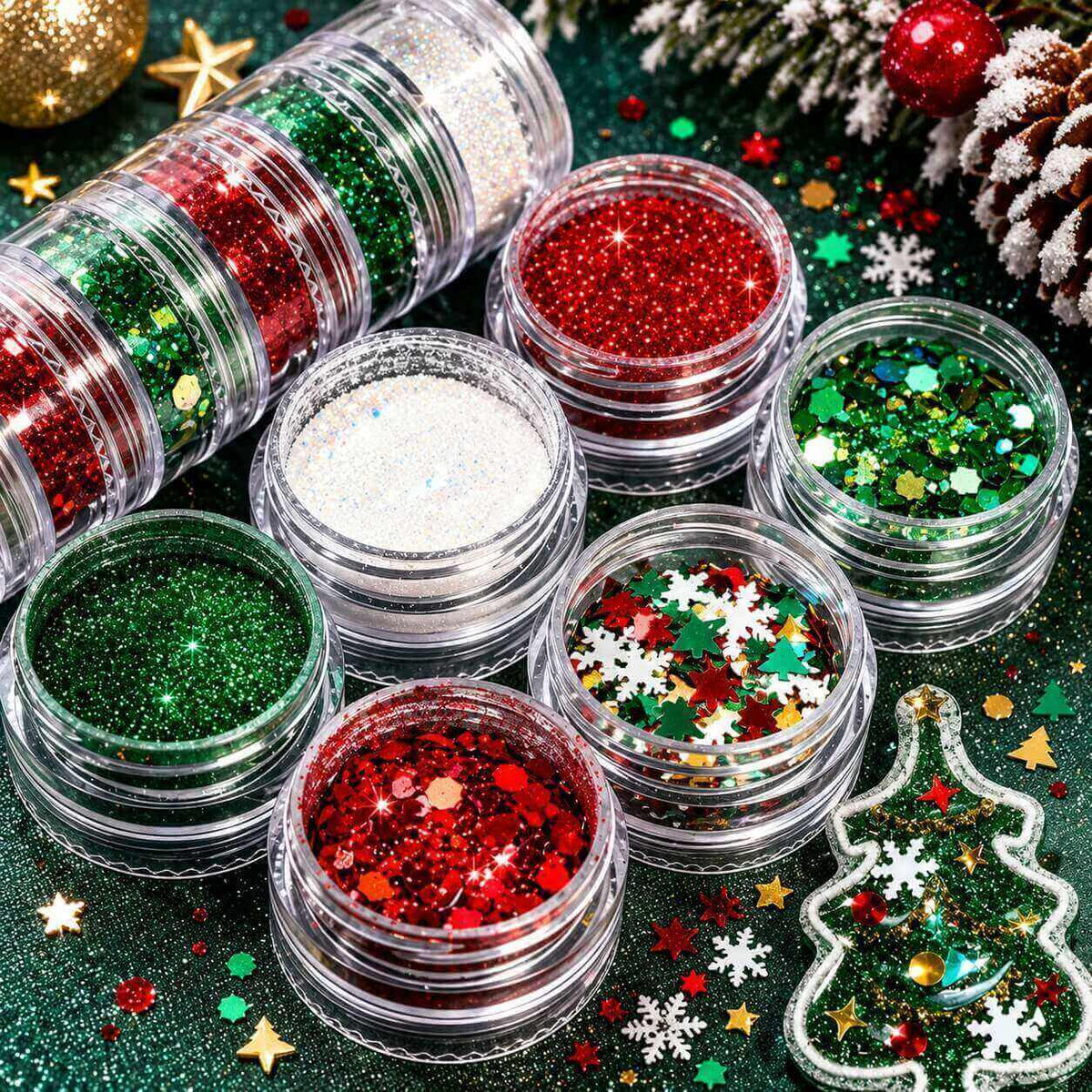 Christmas nail art glitter set with six jars of festive red, green and white decorations