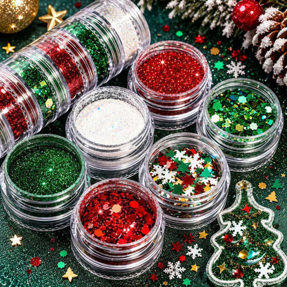 Christmas nail art glitter set with six jars of festive red, green and white decorations